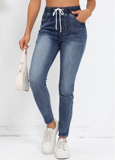 Modlily Denim Blue Pocket Regular Elastic Waist High Waisted Jeans - L