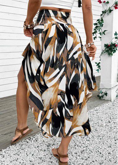 Modlily Dark Camel Bohemian Print A Line Elastic Waist Skirt - XL