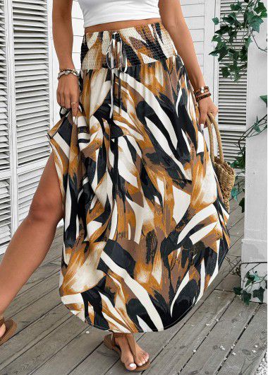 Modlily Dark Camel Bohemian Print A Line Elastic Waist Skirt - XL