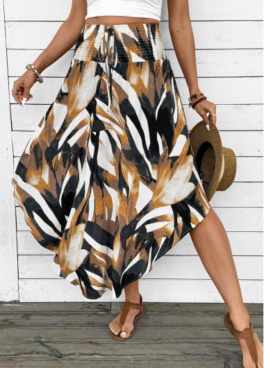 Modlily Dark Camel Bohemian Print A Line Elastic Waist Skirt - XL