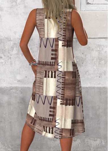 Modlily Gray Brown Patchwork Geometric Print A Line Sleeveless Dress - XL