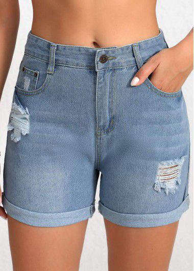 Modlily Denim Blue Button Regular High Waisted Shorts - XL