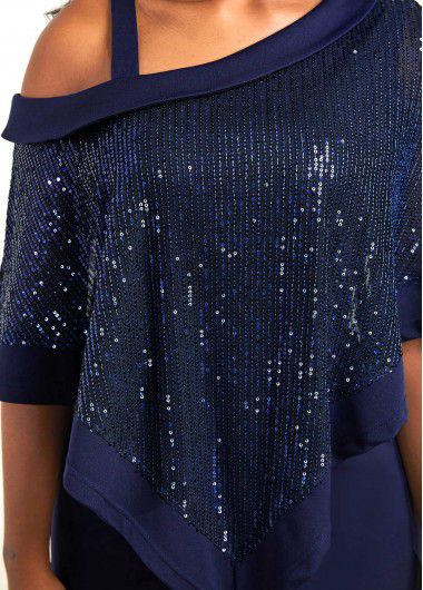 Modlily Navy Sequin Cold Shoulder Asymmetric Hem Jumpsuit - XL