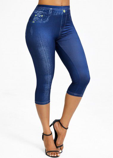 Modlily Denim Blue Denim-effect Print High Waisted Capri Leggings - S