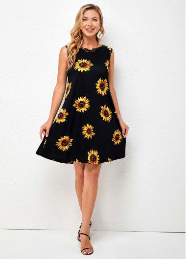 Modlily Sunflower Print Sleeveless Round Neck Dress - 3XL