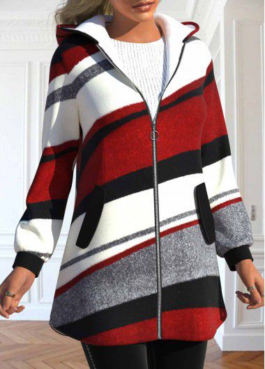 Modlily Wine Red Pocket Geometric Print Long Sleeve Hooded Coat - XXL