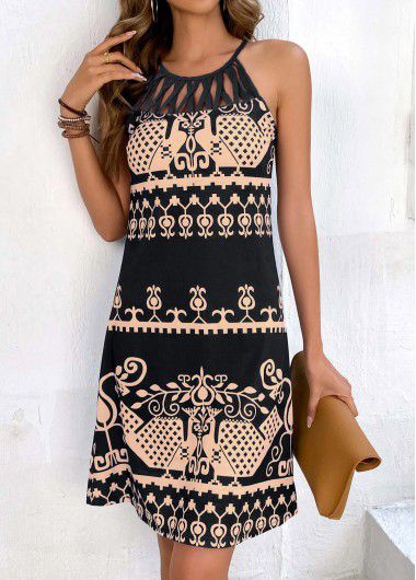 Modlily Black Cage Neck Tribal Print Dress - M