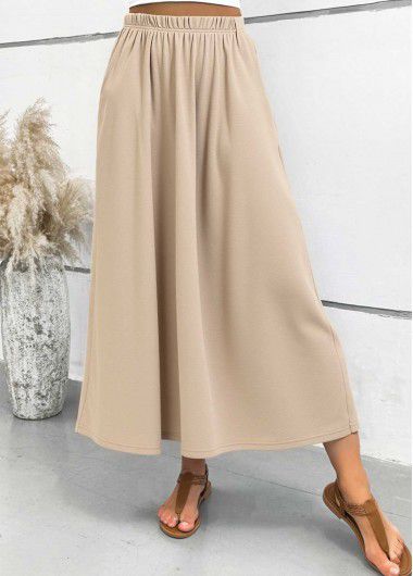 Modlily Light Camel Pocket A Line Elastic Waist Maxi Skirt - M
