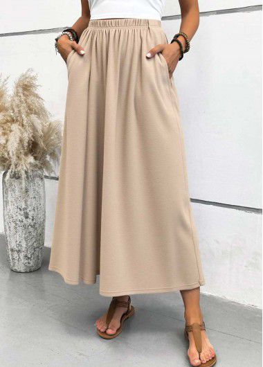 Modlily Light Camel Pocket A Line Elastic Waist Maxi Skirt - M