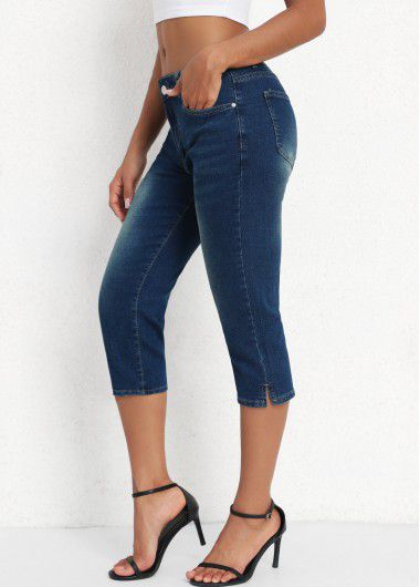 Modlily Denim Blue Mid Waisted Capri Button Fly Leggings - L