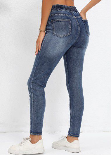 Modlily Denim Blue Pocket Regular Elastic Waist High Waisted Jeans - L