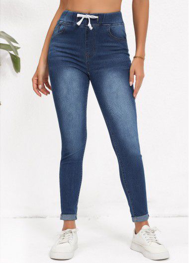 Modlily Denim Blue Pocket Skinny Elastic Waist High Waisted Jeans - L