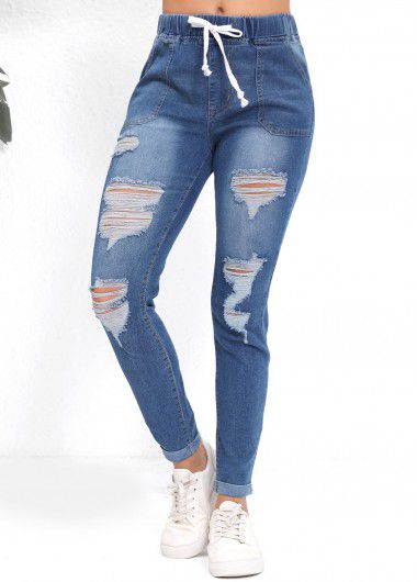 Modlily Denim Blue Pocket Skinny Elastic Waist High Waisted Jeans - M