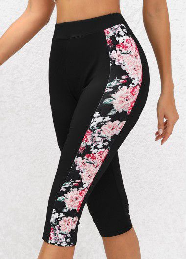 Modlily Black Floral Print High Waisted Capri Elastic Waist Leggings - L