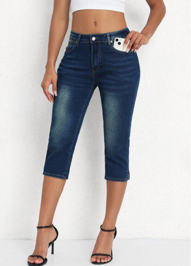 Modlily Denim Blue Mid Waisted Capri Button Fly Leggings - L