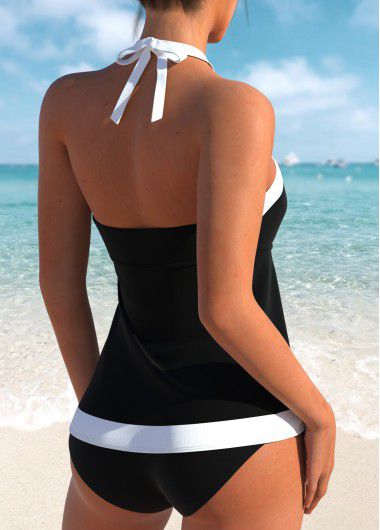 Modlily Bandeau Patchwork Tie Black Tankini Set - S