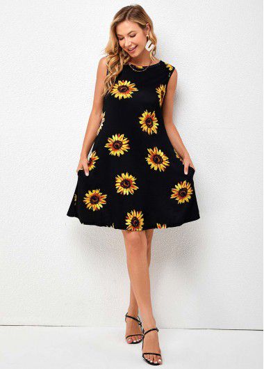 Modlily Sunflower Print Sleeveless Round Neck Dress - 3XL