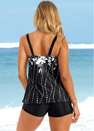 Modlily Floral Print Wide Strap Black Tankini Top - M