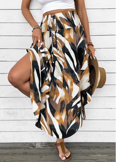 Modlily Dark Camel Bohemian Print A Line Elastic Waist Skirt - M