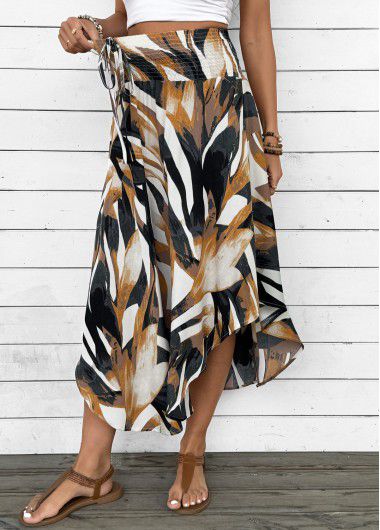 Modlily Dark Camel Bohemian Print A Line Elastic Waist Skirt - M