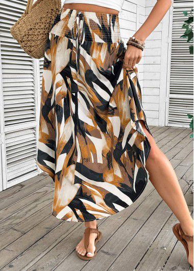 Modlily Dark Camel Bohemian Print A Line Elastic Waist Skirt - M