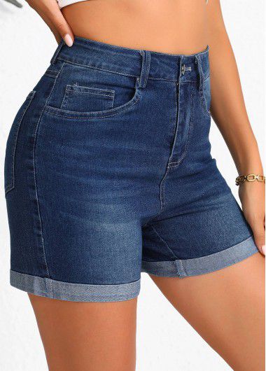 Modlily Denim Blue Pocket Regular Button Fly High Waisted Shorts - 2XL