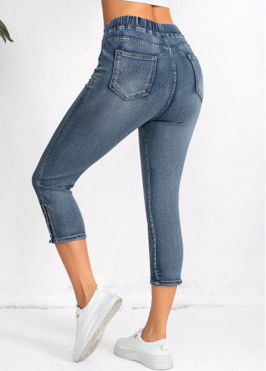 Modlily Denim Blue Pocket Regular Elastic Waist High Waisted Jeans - 2XL