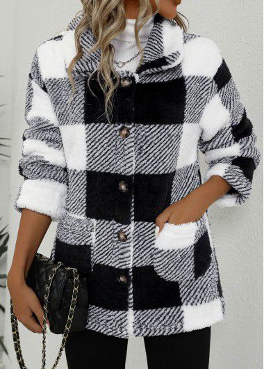 Modlily Black Pocket Plaid Long Sleeve Coat - XXL