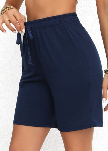 Modlily Navy Double Side Pockets Elastic Waist High Waisted Shorts - M