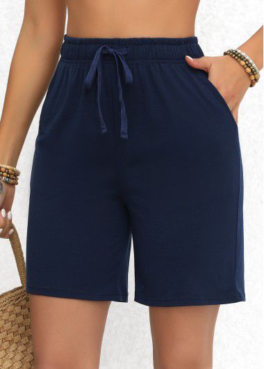 Modlily Navy Double Side Pockets Elastic Waist High Waisted Shorts - M