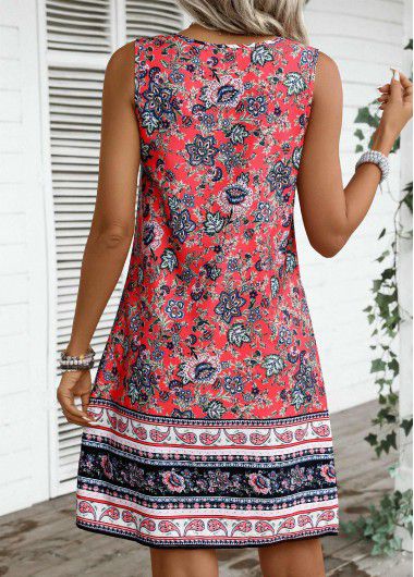 Modlily Coral Circular Ring Tribal Print Sleeveless Round Neck Dress - XXL