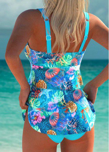 Modlily Lightweight Marine Life Print Cyan Tankini Set - L