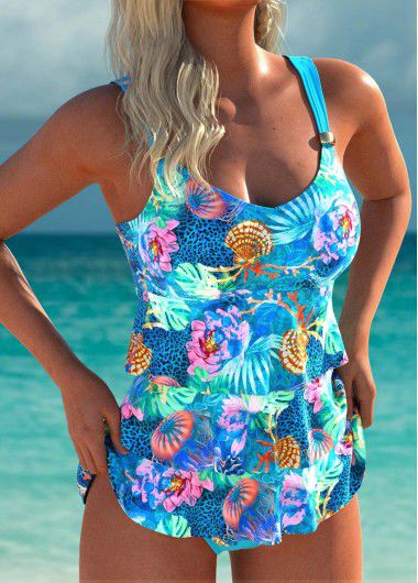 Modlily Lightweight Marine Life Print Cyan Tankini Set - L