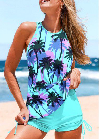 Modlily Patchwork Leaf Print Cyan Tankini Set - XXL