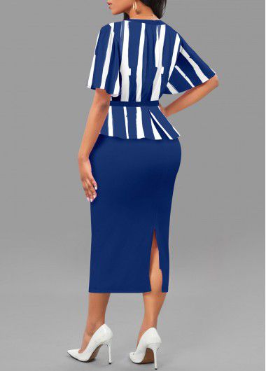 Modlily Blue Patchwork Striped Short Sleeve V Neck Bodycon Dress - M