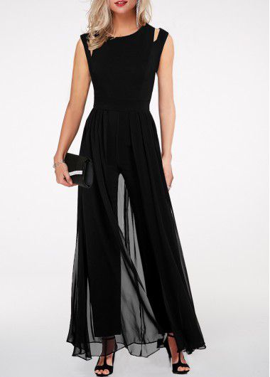 Modlily Black Jumpsuit With High Waist Chiffon Cutout Sleeveless Crew Neck Overlay Black Jumpsuit - S