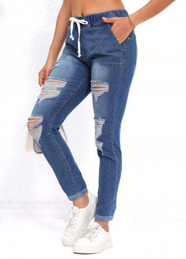 Modlily Denim Blue Pocket Skinny Elastic Waist High Waisted Jeans - M