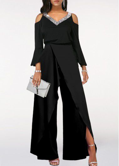 Modlily Black Sequin Long Sleeve V Neck Jumpsuit - XXL