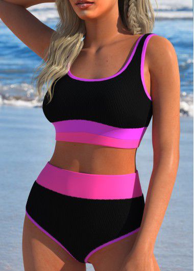 Modlily Contrast Binding Patchwork Black Bikini Set - XS