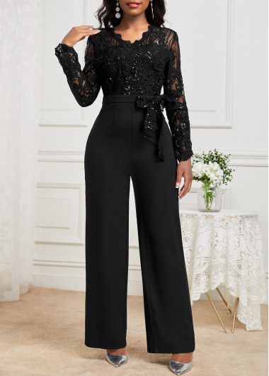 Modlily Black Lace Long Belted V Neck Jumpsuit - M