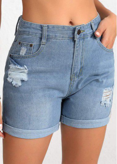 Modlily Denim Blue Button Regular High Waisted Shorts - XL