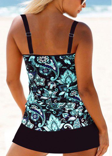Modlily Circular Ring Mid Waisted Paisley Print Tankini Set - M