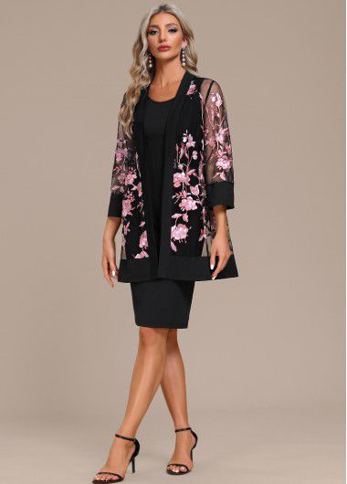 Modlily Embroidery Black Two Piece Shift Dress and Cardigan - XXL