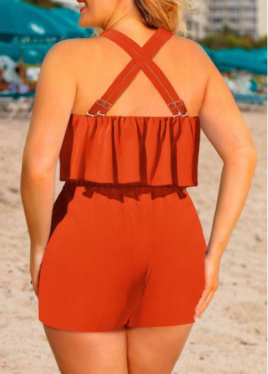 Modlily Orange Ruffle Short Sleeveless Cross Collar Straight Leg Romper - 2X