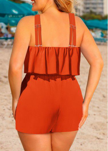 Modlily Orange Ruffle Short Sleeveless Cross Collar Straight Leg Romper - 2X