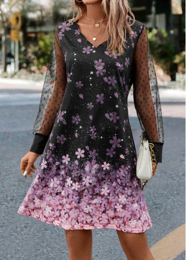 Modlily Black Mesh Floral Print A Line Dress - M