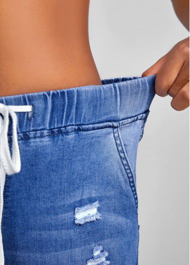 Modlily Blue Hole Skinny Elastic Waist Mid Waisted Denim Shorts - S