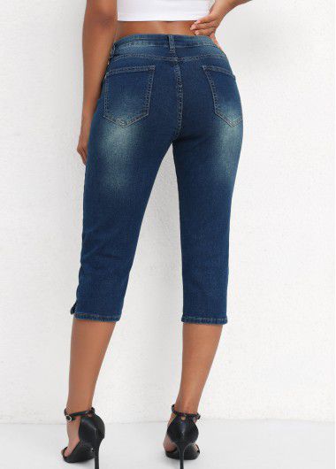 Modlily Denim Blue Mid Waisted Capri Button Fly Leggings - S