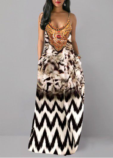 Modlily Multi Color Pocket Leopard O Shape Maxi Dress - M