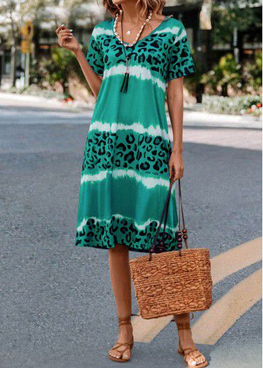 Modlily Green Leopard H Shape Short Sleeve Dress - L